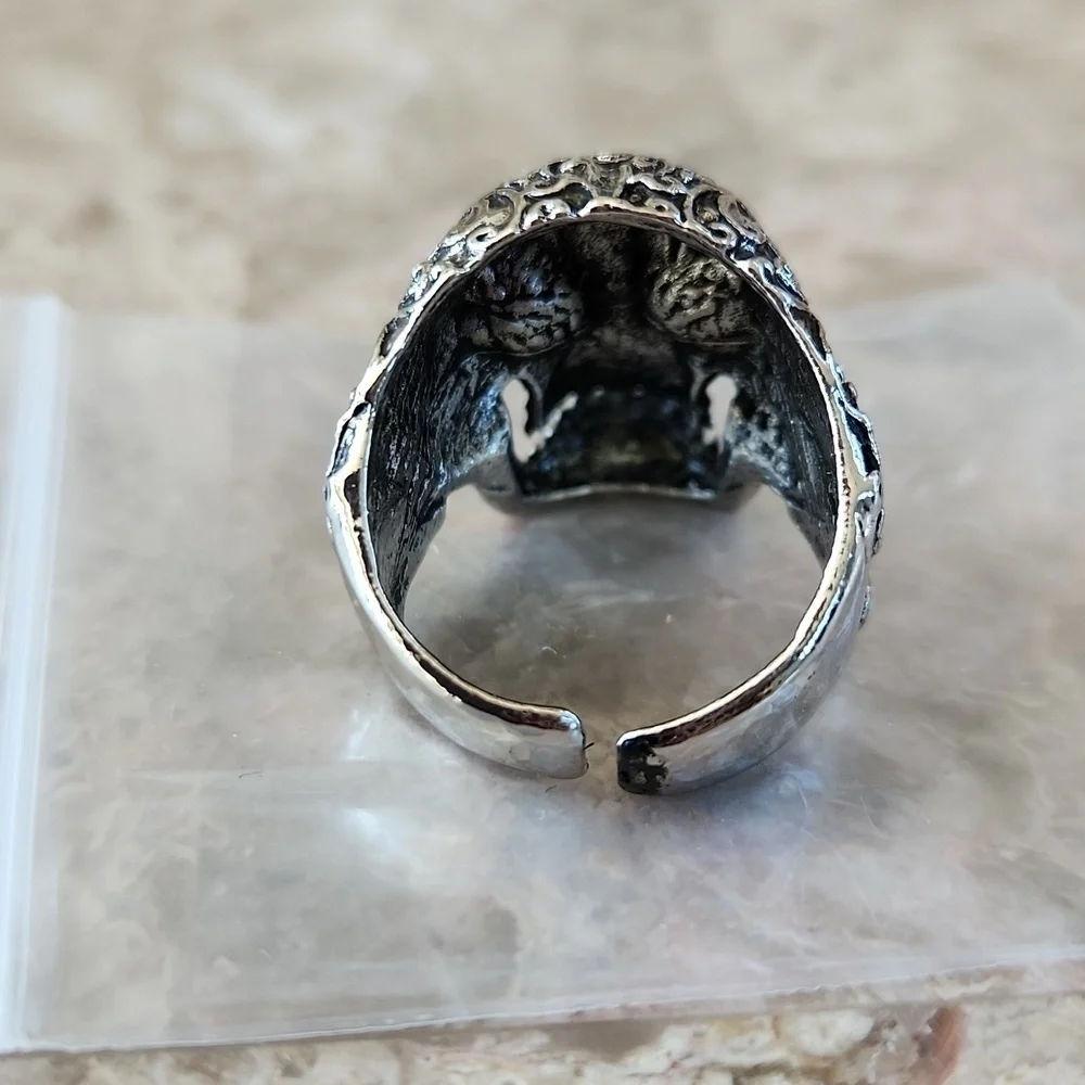 Intricate Silver Skull Ring, Adjustable